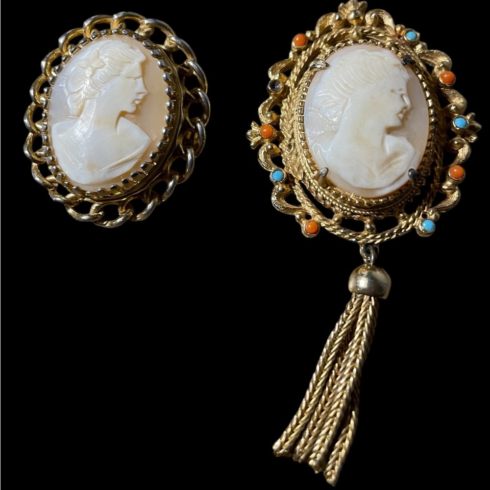Ceno Vintage Carved Goldtone Cameo and an Unmarked Vintage Carved Goldtone Cameo
